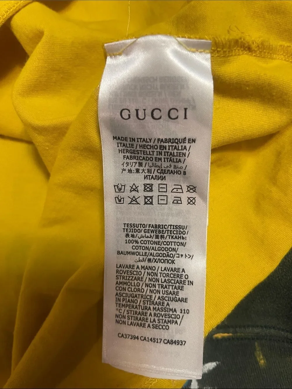 Gucci Yellow Graphic '22705 Songs' Tee with Blue Stripes large
